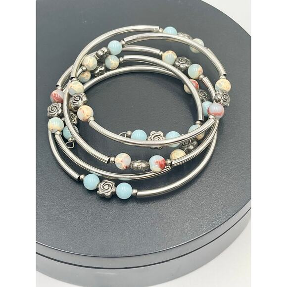 Coil Wrap Agate Seafoam Green Rose Pastel Accent Bracelet Memory Wire Bangle - Picture 4 of 9